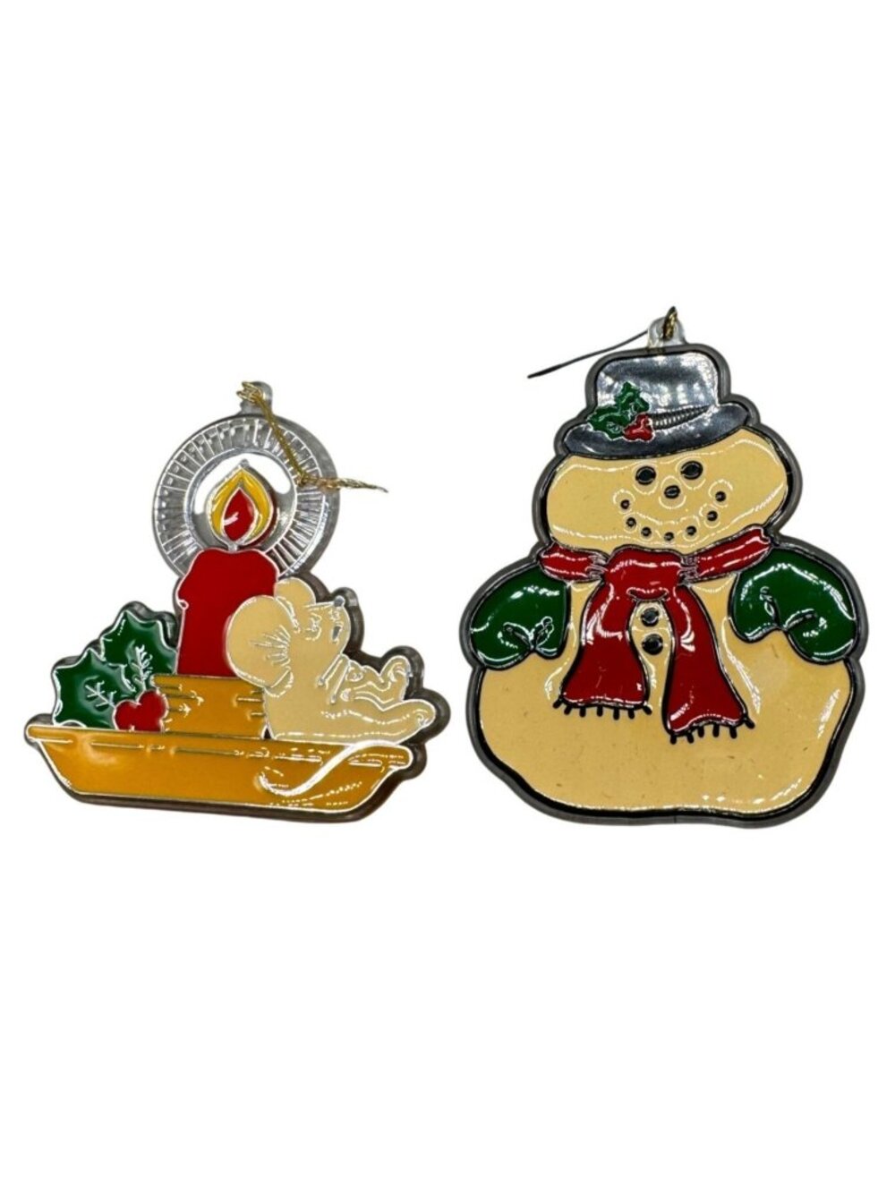 set of 2 Vtg 1981 Hallmark Christmas Ornament candle snowman sun catcher READ